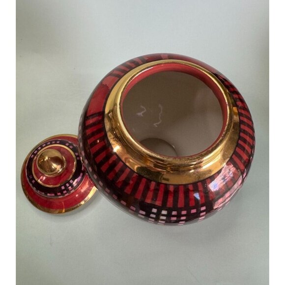 Tall Red & Black Urn Ginger Jar Gold Gild Trim Unknown Makers Mark on Bottom - Picture 9 of 11